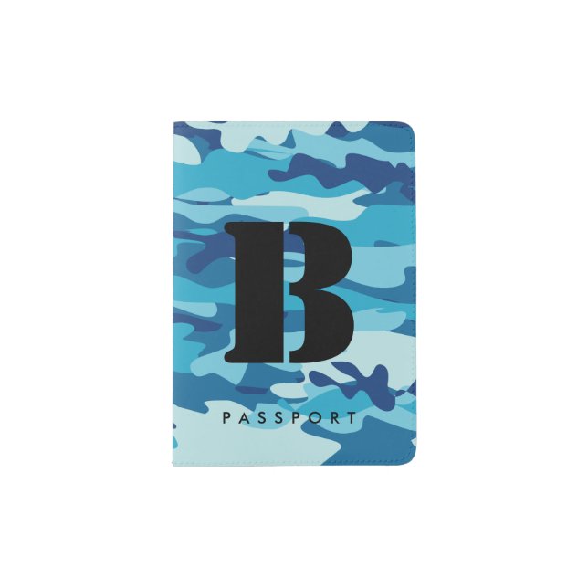 Custom monogram navy blue camo passport holder (Front)