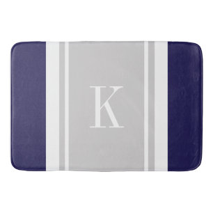 Custom Monogram Navy Blue Grey Stripes Pattern Bathroom Mat