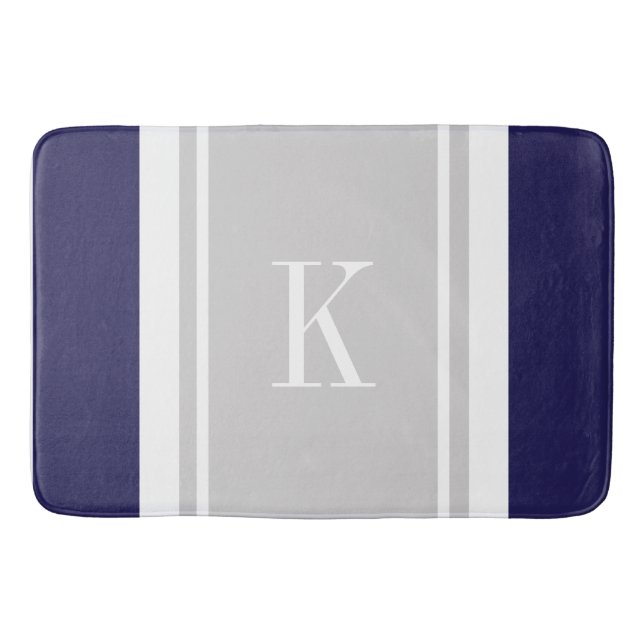 Custom Monogram Navy Blue Grey Stripes Pattern Bathroom Mat (Front)