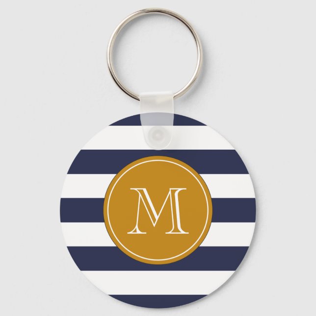 Custom Monogram Navy Blue Stripes Keychain (Front)