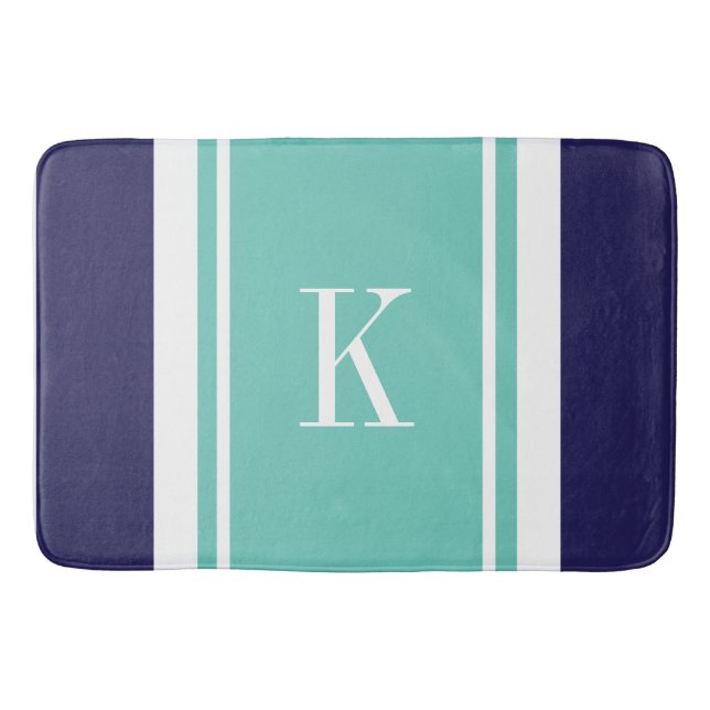 Custom Monogram Navy Teal Mint Stripes Pattern Bathroom Mat (Front)