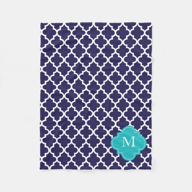 Custom Monogram Navy Turquoise Quatrefoil Pattern Fleece Blanket (Front)