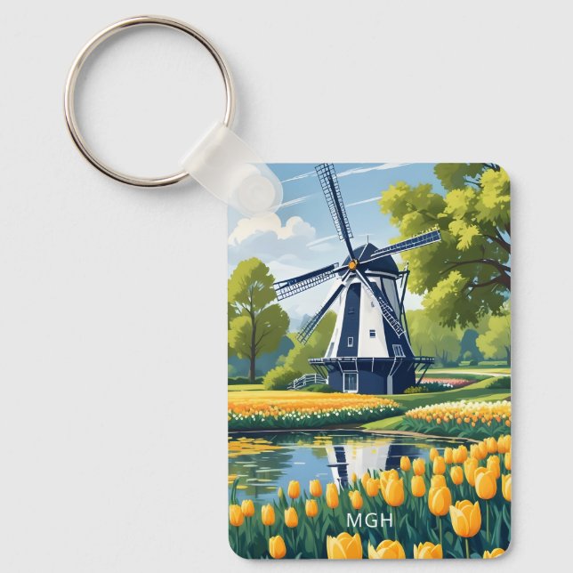 Custom Monogram Netherlands Windmills Keychain (Front)