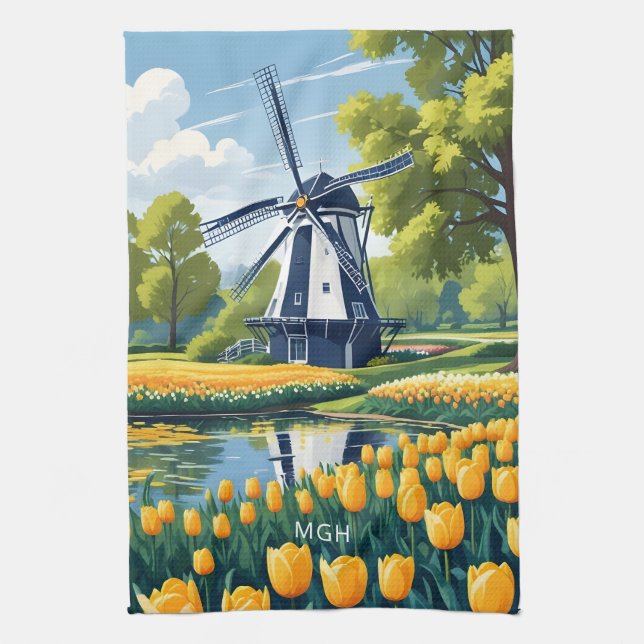Custom Monogram Netherlands Windmills Kitchen Towel (Vertical)