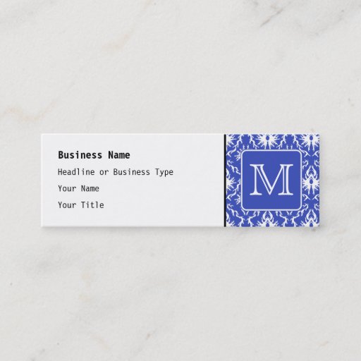 Customizable Custom Monogram, on Blue and White Damask Pattern. Business Card Template