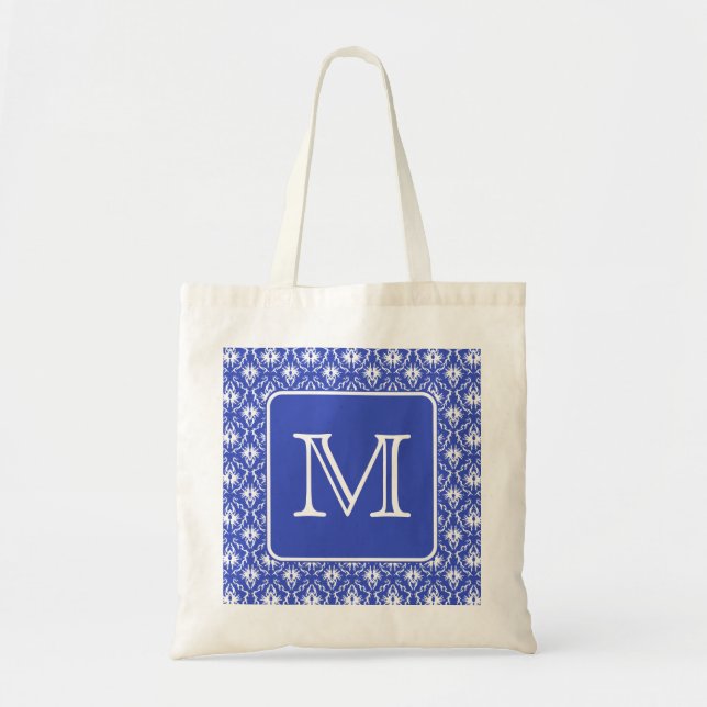 Custom Monogram, on Blue and White Damask Pattern. Tote Bag (Front)