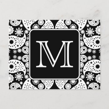 Custom Monogram On Monochrome Paisley Pattern. Postcard by Metarla_Monograms at Zazzle