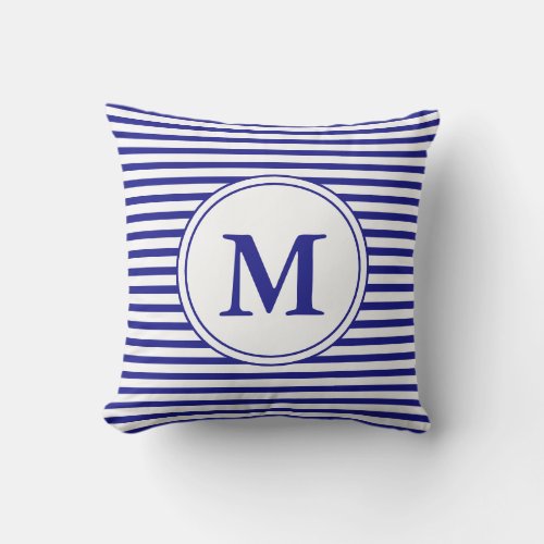 Custom Monogram on Navy Blue and White Striped Outdoor Pillow