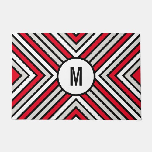 Custom Monogram on Red Gray Black  White Striped Doormat