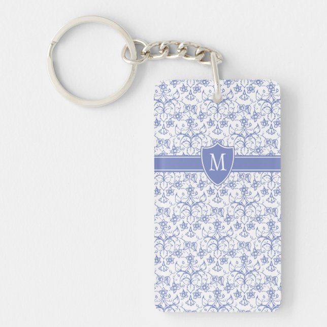 Custom Monogram on Stylish Blue Periwinkle Pattern Keychain (Front)