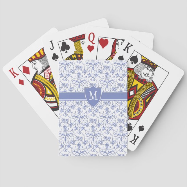 Custom Monogram on Stylish Blue Periwinkle Pattern Poker Cards (Back)