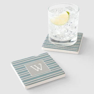 Custom Monogram on Turquoise and Gray Striped Stone Coaster