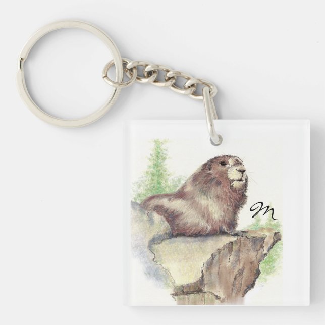 Custom Monogram or Name Marmot Animal Keychain (Front)