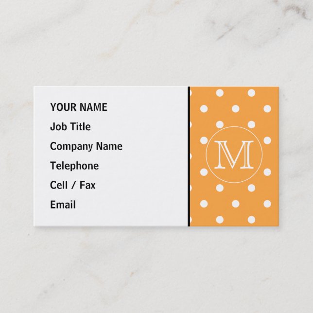 Custom Monogram. Orange and White Polka Dot. Business Card (Front)