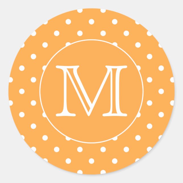 Custom Monogram. Orange and White Polka Dot. Classic Round Sticker (Front)