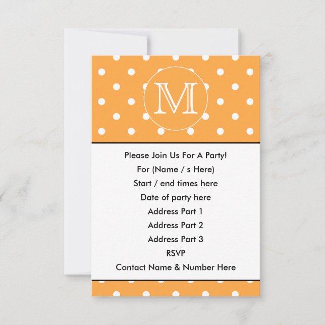 Custom Monogram. Orange and White Polka Dot. Invitation (Front)