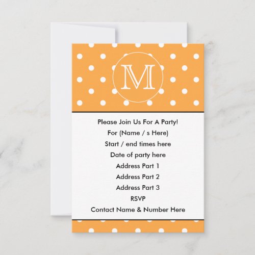 Custom Monogram. Orange and White Polka Dot. Invites