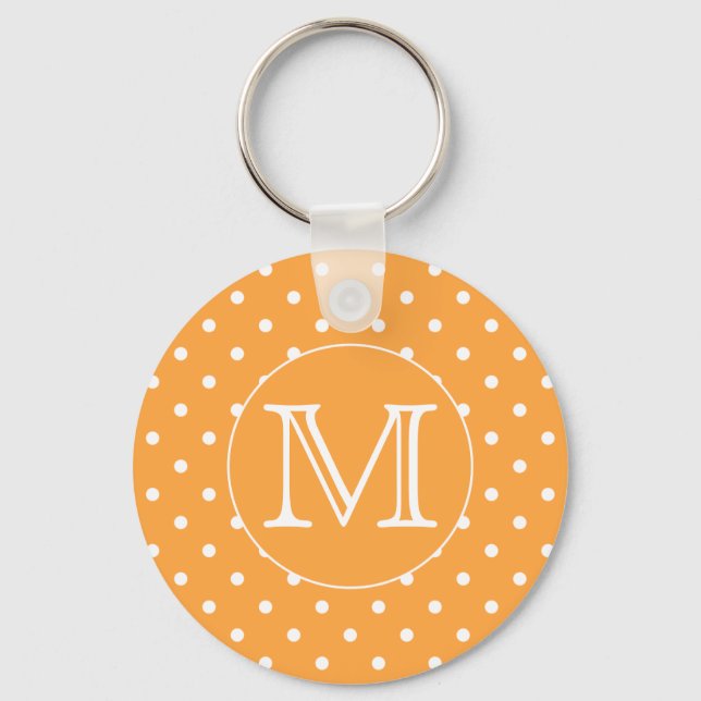 Custom Monogram. Orange and White Polka Dot. Keychain (Front)
