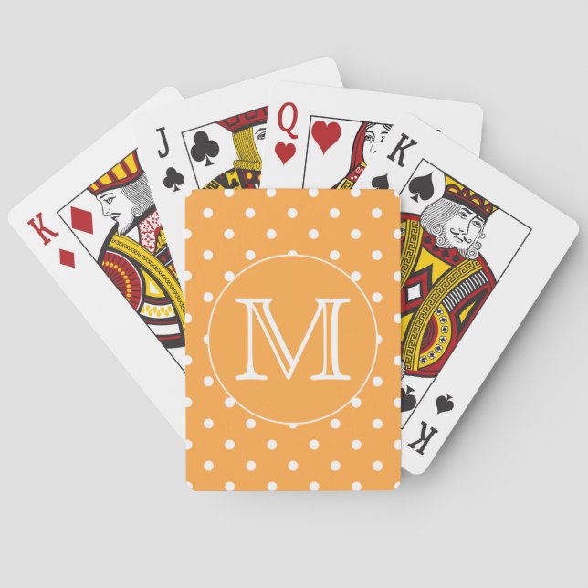 Custom Monogram. Orange and White Polka Dot. Poker Cards (Back)