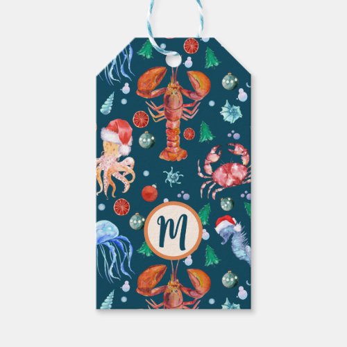 Custom Monogram Orange Lobster Christmas Gift Tags