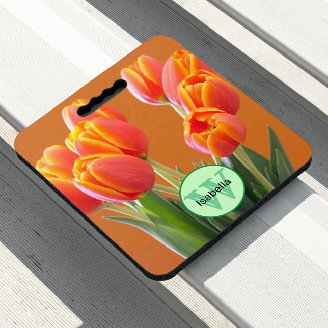 Custom Monogram Orange Yellow Tip Tulip Flowers Seat Cushion (In Situ)