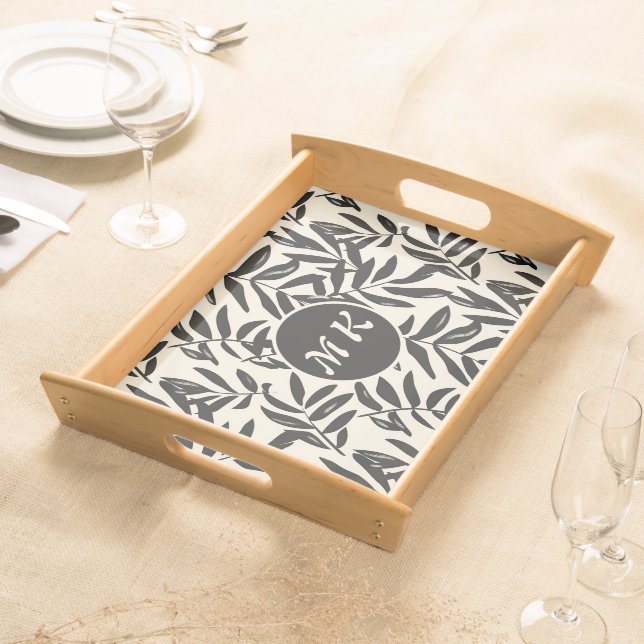 Custom Monogram Oriental Black Leaves Serving Tray (Front)