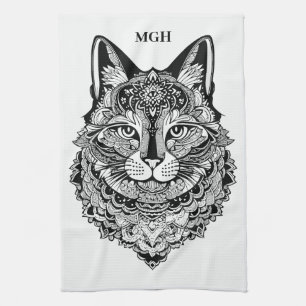 Custom Monogram Ornamental Cat Kitchen Towel