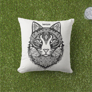 Custom Monogram Ornamental Cat Outdoor Pillow