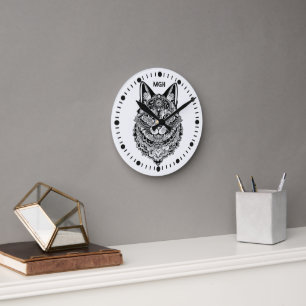 Custom Monogram Ornamental Cat Round Clock