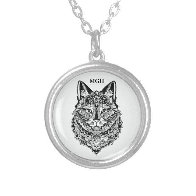 Custom Monogram Ornamental Cat Silver Plated Necklace (Front)