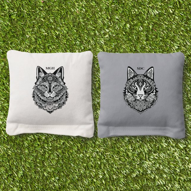 Custom Monogram Ornamental Cats Cornhole Bags (Grass)