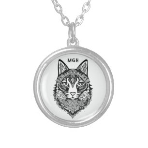 Custom Monogram Ornamental Cats Silver Plated Necklace