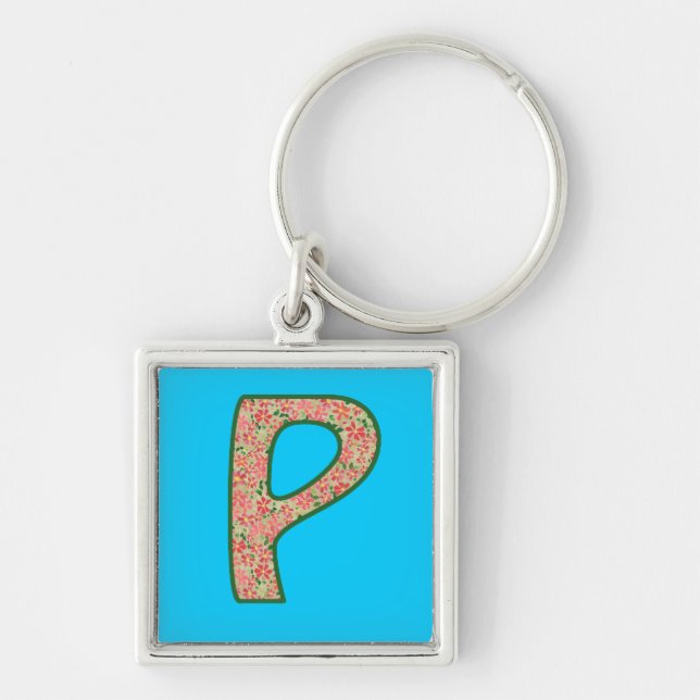 Custom Monogram P Keychain, Ditsy Floral Pattern Keychain (Front)
