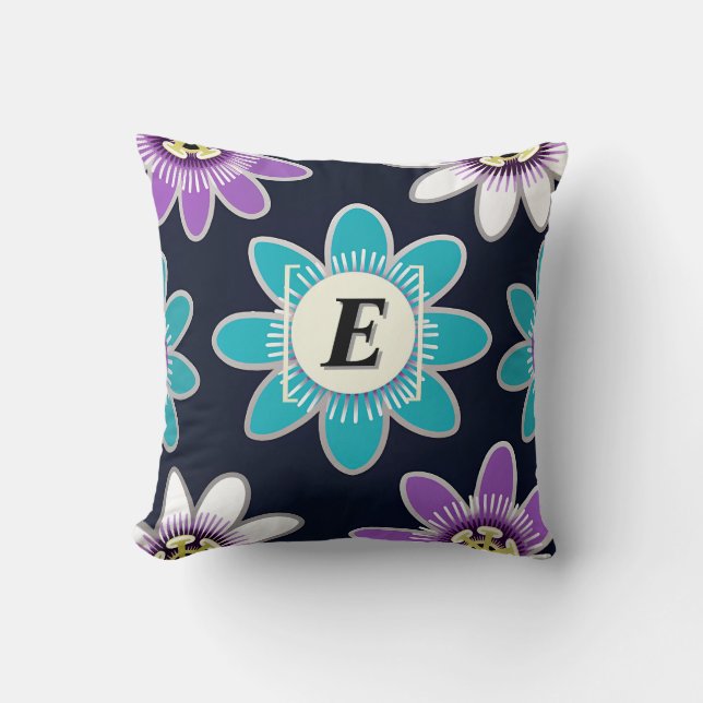 Custom Monogram Passion Flower Pattern  Throw Pillow (Front)
