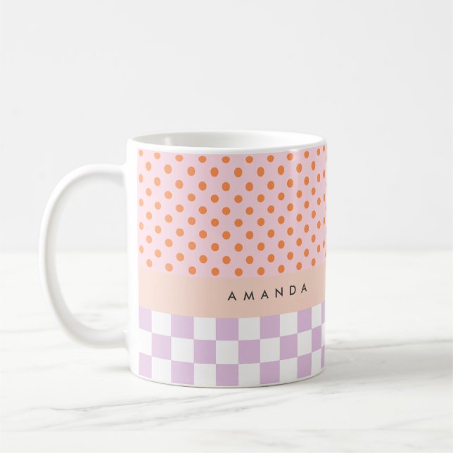 Custom Monogram Pastel Polka Dot Lilac Check Gifts Coffee Mug (Left)