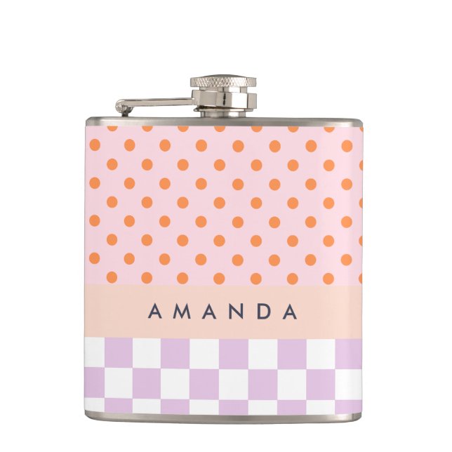 Custom Monogram Pastel Polka Dot Lilac Check Gifts Flask (Front)