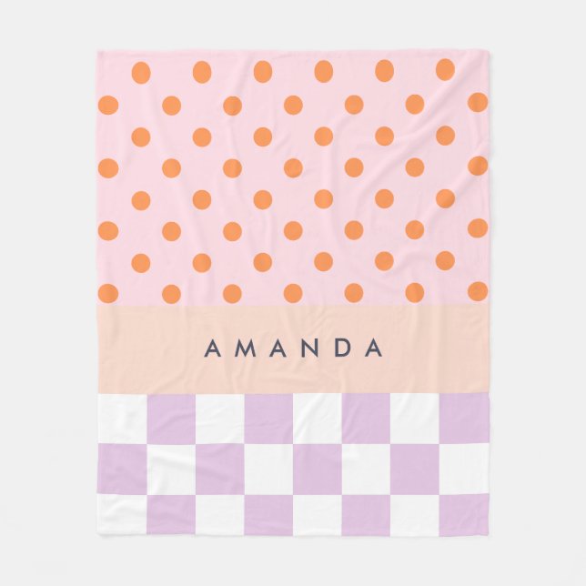 Custom Monogram Pastel Polka Dot Lilac Check Gifts Fleece Blanket (Front)