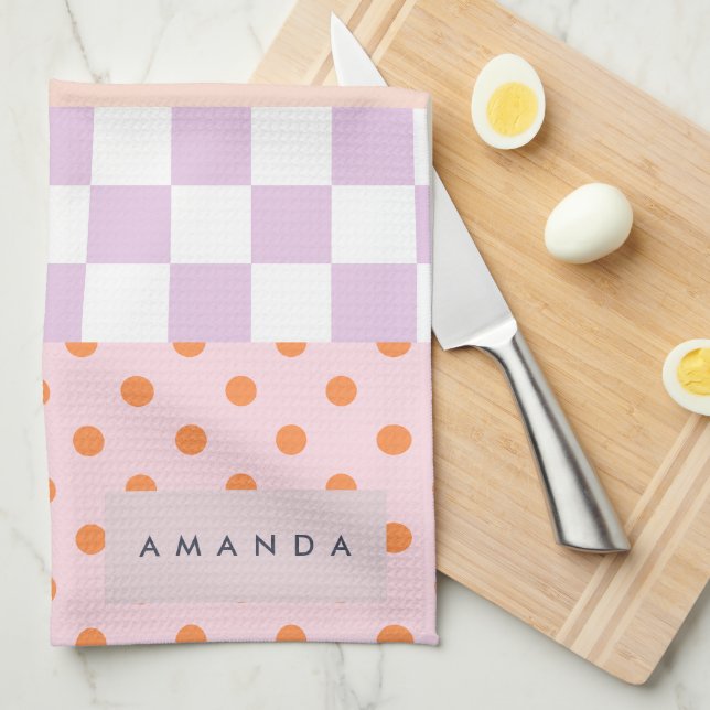 Custom Monogram Pastel Polka Dot Lilac Check Gifts Kitchen Towel (Quarter Fold)