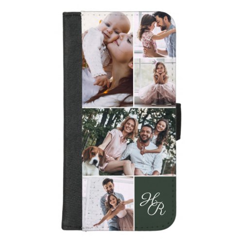 Custom Monogram Photo Collage Grid Forest Green iPhone 87 Plus Wallet Case