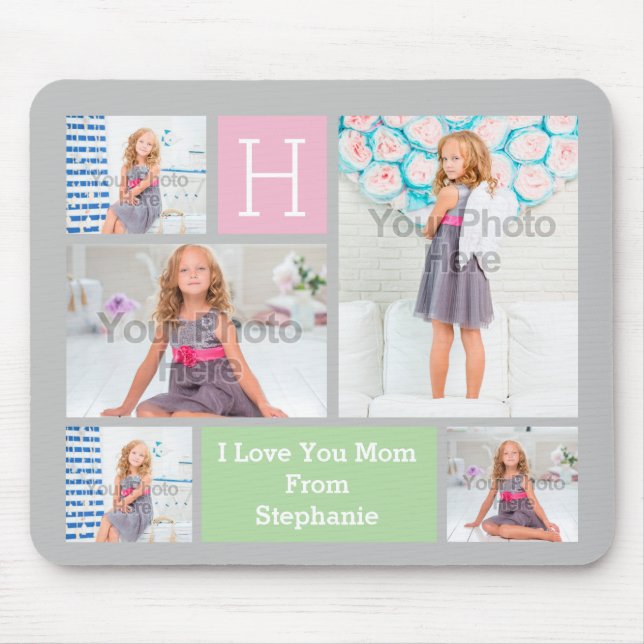 Custom Monogram Photo Collage Pink/Green/Gray Mouse Pad (Front)