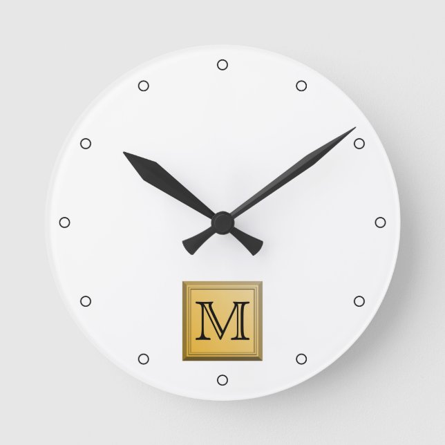 Custom Monogram Picture, nonmetallic gold colors. Round Clock (Front)