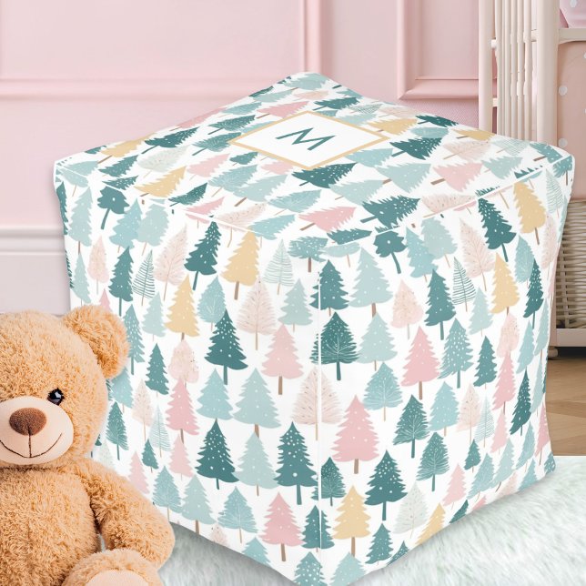 Custom Monogram Pine Forest Woodland Home Decor Pouf (A pouf with pattern of modern pine trees in pink, green and ochre colors, with monogram initial)