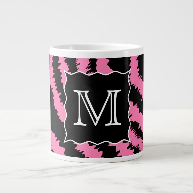 Custom Monogram Pink and Black Zebra Print Pattern Giant Coffee Mug (Front)
