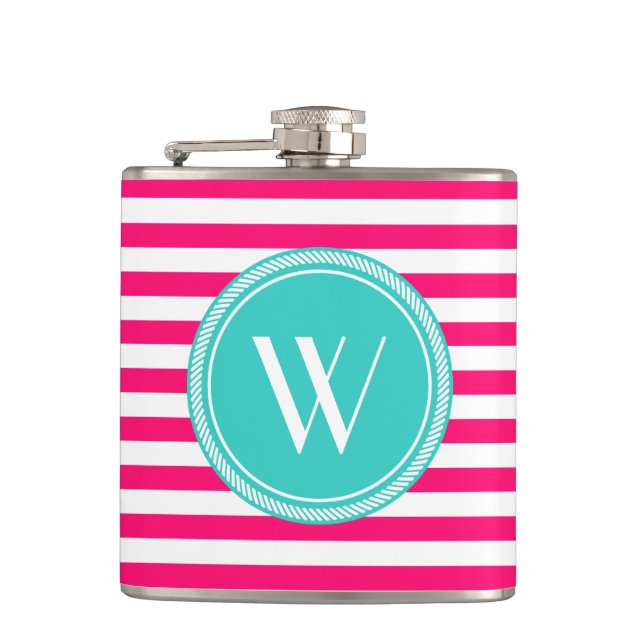 Custom Monogram Pink and Teal Striped Flask (Front)