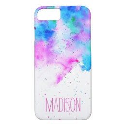Custom monogram pink blue watercolor brushstrokes iPhone 8/7 case