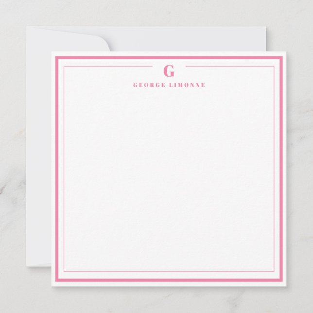Custom Monogram Pink Border Stationery  Note Card (Front)