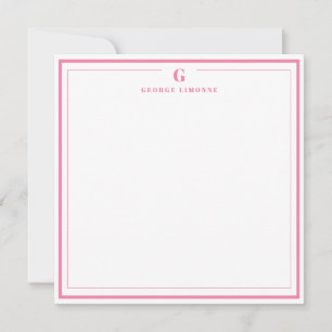 Custom Monogram Pink Border Stationery  Note Card