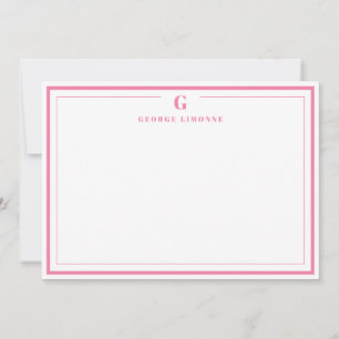Custom Monogram Pink Border Stationery  Note Card