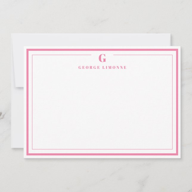Custom Monogram Pink Border Stationery  Note Card (Front)