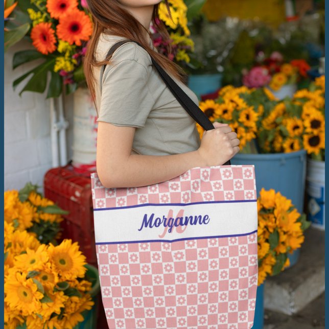Custom Monogram Pink Checkerboard Floral Pattern Tote Bag (Creator Uploaded)